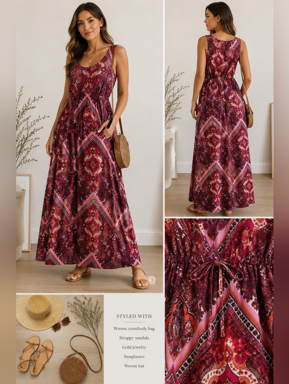 Boho Diamond-Print Maxi Dress in Burgundy and Pink - Christine - Size S
